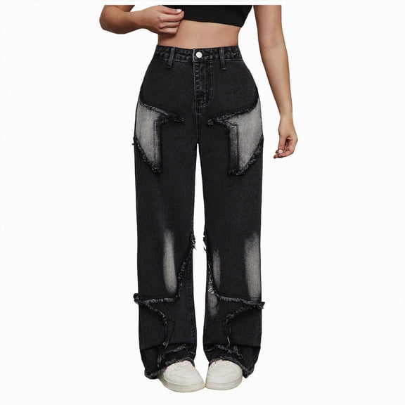 Hessimy Girls Leggings Pants Fashionable Star Patchwork Decoration Wide Leg Jeans Athletic Dance Hop Teens Girl'S Pants Autumn Winter Spring Summer (Black,15-16 Years)