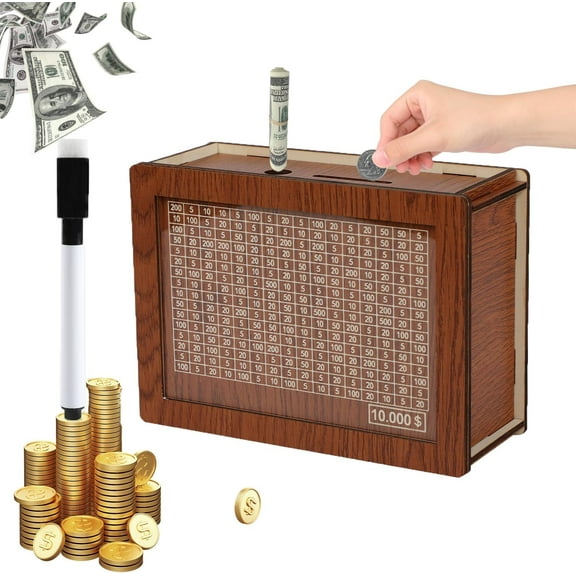 Cash Vault Wooden Savings Box 10000,Piggy Play Bank for Adults Kids,Wooden Coin Bank for Boys and Girls, Countdown Money Saving Box with 10000 Dollars Target,with Money Target and Numbers to Check