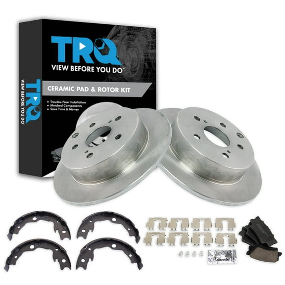 TRQ Rear Brake Pad & Rotor Kit Brake Pads Brake Rotor Parking Brake Shoe Set Ceramic Fits Select 2009-2010 Pontiac Vibe 2009-2013 Toyota Matrix