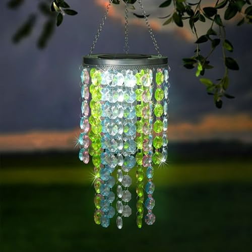 Hanging Solar Lantern Outdoor, 2 Tiers 21ā Solar Multicolor Acrylic Beaded Chandelier with Cool White LED S Hooks for Garden Yard Patio Gazebo Outside Decor