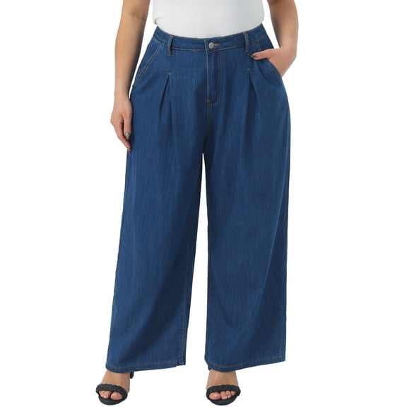 GRACE & GRANDEUR Women's Plus Size Wide Leg Jeans High Waisted Stretchy Y2K Trousers Denim Pants with Pocket 1X Blue