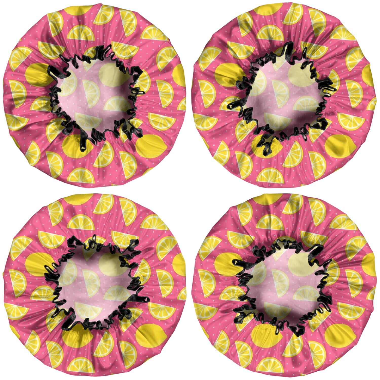 Shower Caps,Yellow Lemon Fruit Slices Pink Pattern Waterproof Shower Cap for Women 4 Pieces,Double Reusable Hair Cover for Shower PEVA Elastic Stretch Hem