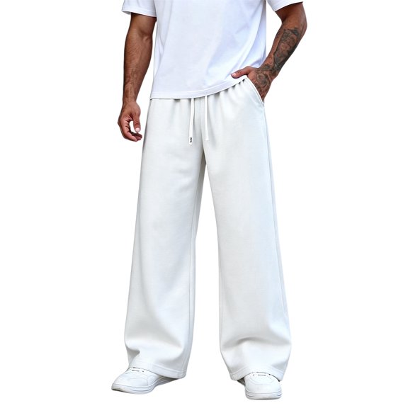 Iaqnaocc Baggy Sweatpants Gym Lounge Wide Leg Elastic Drawstring Waist Fashion Big and Tall Workout Pants with Pockets White L
