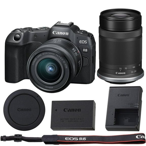 Canon EOS R8 Mirrorless Camera RF 24-50mm f/4.5-6.3 is STM Lens and RF-S 55-210mm f/5-7.1 is STM Lens Kit.
