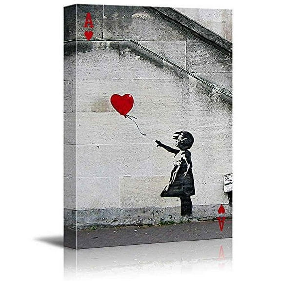 wall26 - Poker Cards Canvas Wall Art - Hearts Ace - Banksy Girl with Red Heart Shaped Balloon(There is Always Hope) - Gallery Wrap Modern Home Art | Ready to Hang - 32x48 inches