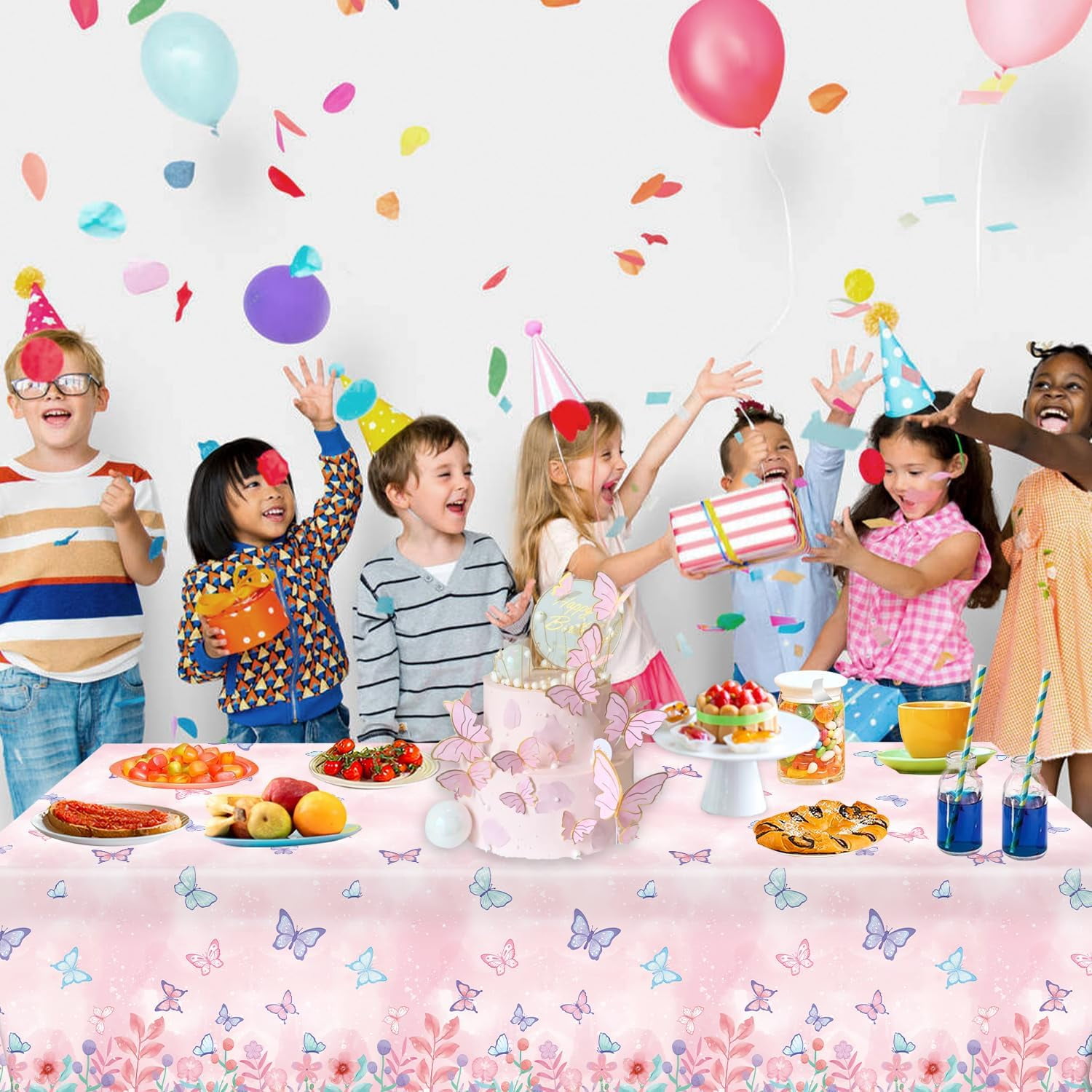 Disposable Butterfly Tablecloth Set, 4 Pack 54 X 108 Inch Plastic Table Covers For Kids And Girls Birthday Party Decorations, Butterfly Theme