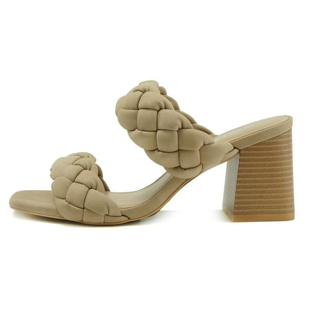

Soda Shoes Women Block High Heel Sandals Double Braided Band Straps Square Toe BUGGY-S Beige Camel Taupe 8.5