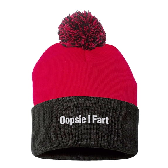 Embroidered Pom Pom Oopsie I Fart, Funny Saying-EM-0051-Red-Black
