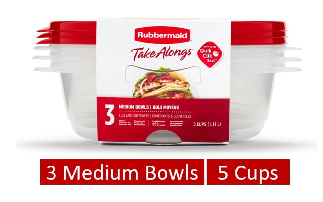 Rubbermaid TakeAlongs, 5 Cups, 3 Packs, Red, Medium Bowls Plastic Food Storage Containers