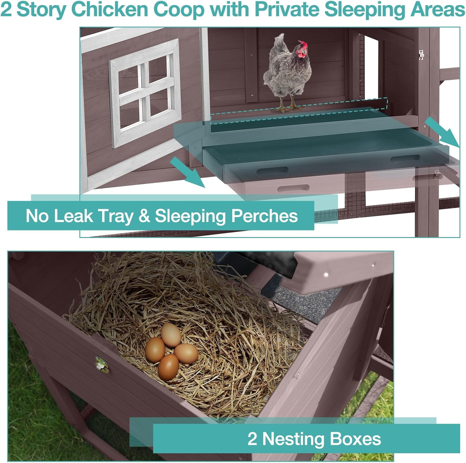 MEDEHOO Chicken Coop, Mobile Chicken House with with Wheel, Outdoor Hen House Poultry Cage with Nesting Box, Leakproof Pull Out Tray and UV-Resistant Roof (Brown)