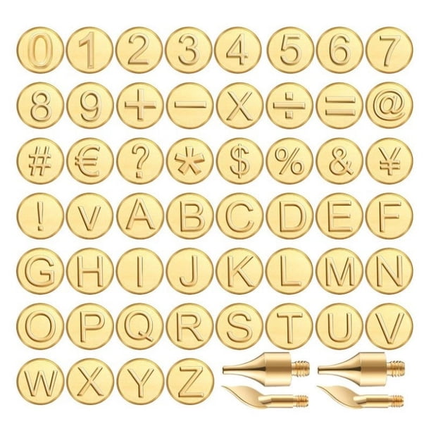 Juego de 56 piezas de puntas para quemar madera con letras, incluye símbolo de número del alfabeto para grabado artesanal en quemador de madera