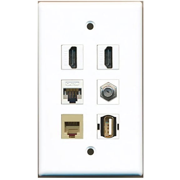 RiteAV - 2 HDMI 1 Port Coax Cable TV- F-Type 1 Port USB A-A 1 Port Phone RJ11 RJ12 Beige 1 Port Cat5e Ethernet White Wall Plate