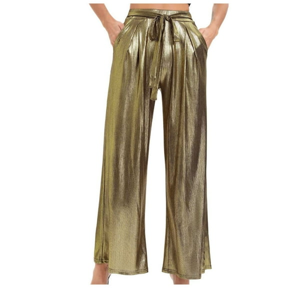 RYRJJ Women's Shiny Pants Casual Straight Wide Leg High Waist Loose Casual Pants Jogging Dance Stage Nightclub Dressy Pants(Gold,S)