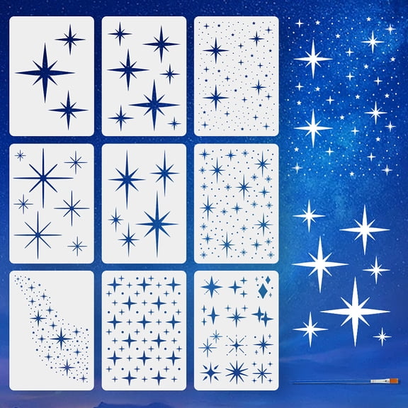 9 Pcs Large Star Painting Stencil with Brush 8.3x11.7inch 9 Styles Twinkle Star Drawing Template Galaxy Milky Way DIY Decoration Stencil