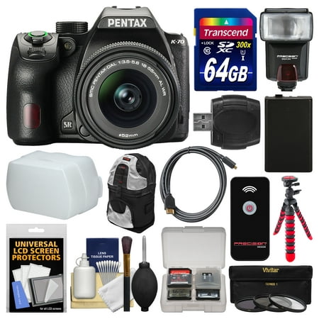 Pentax K-70 All Weather Wi-Fi Digital SLR Camera & 18-55mm AL WR Lens with 64GB Card + Backpack + Flash + Diffuser + Battery + Tripod + Filters