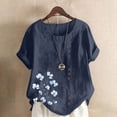 thumbnail image 2 of Cmfcve Women's Summer Oversize Tops Short Sleeve Round Neck Cotton Linen Tee Shirt Print Breathable Henley Button Blouse, 2 of 5