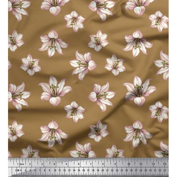 Soimoi Brown Georgette Viscose Fabric Lilies Floral Print Fabric by the Yard 42 Inch Wide