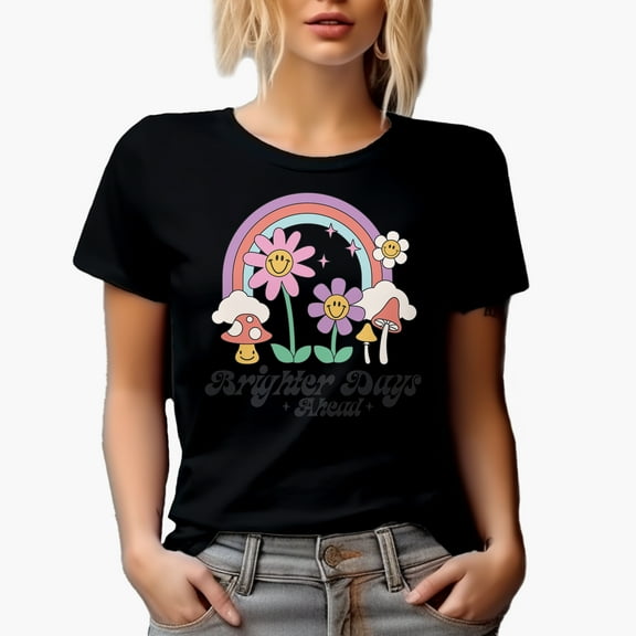Brighter Days Ahead Quote, 90s Retro Rainbow, Flowers & Mushrooms Art Merch Gift, Black T-Shirt, Small