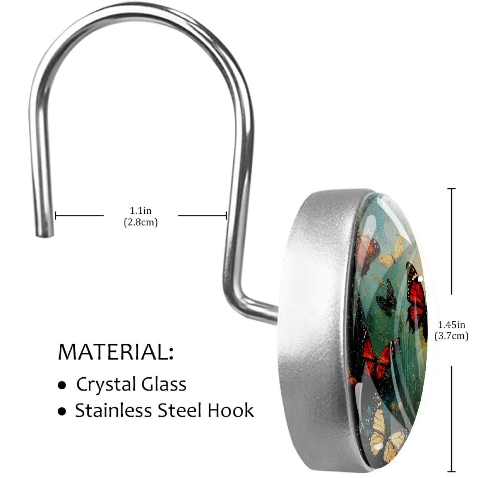 Colorful Painting Butterfly Shower Curtain Hooks Round Crystal Glass, Set of 12 Shower Curtain Rings - Shower Hooks for Curtain Shower Rings