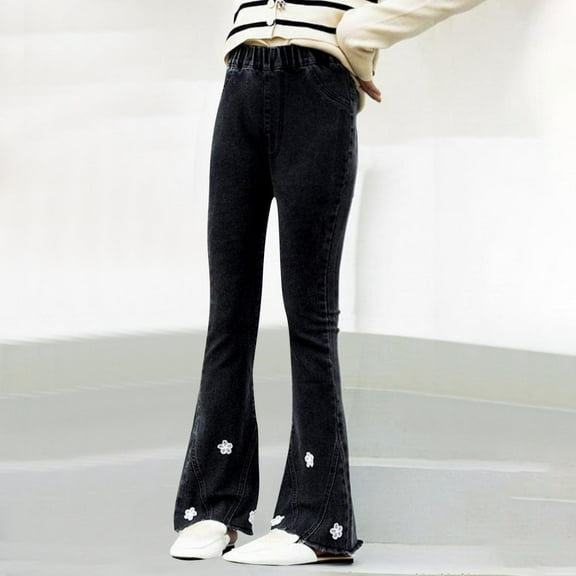 NAISIBABY Girls Flare Jeans 10T, Fashion Floral Elastic Waist Stretchy Kids Casual Denim Trousers Black(4-13T)