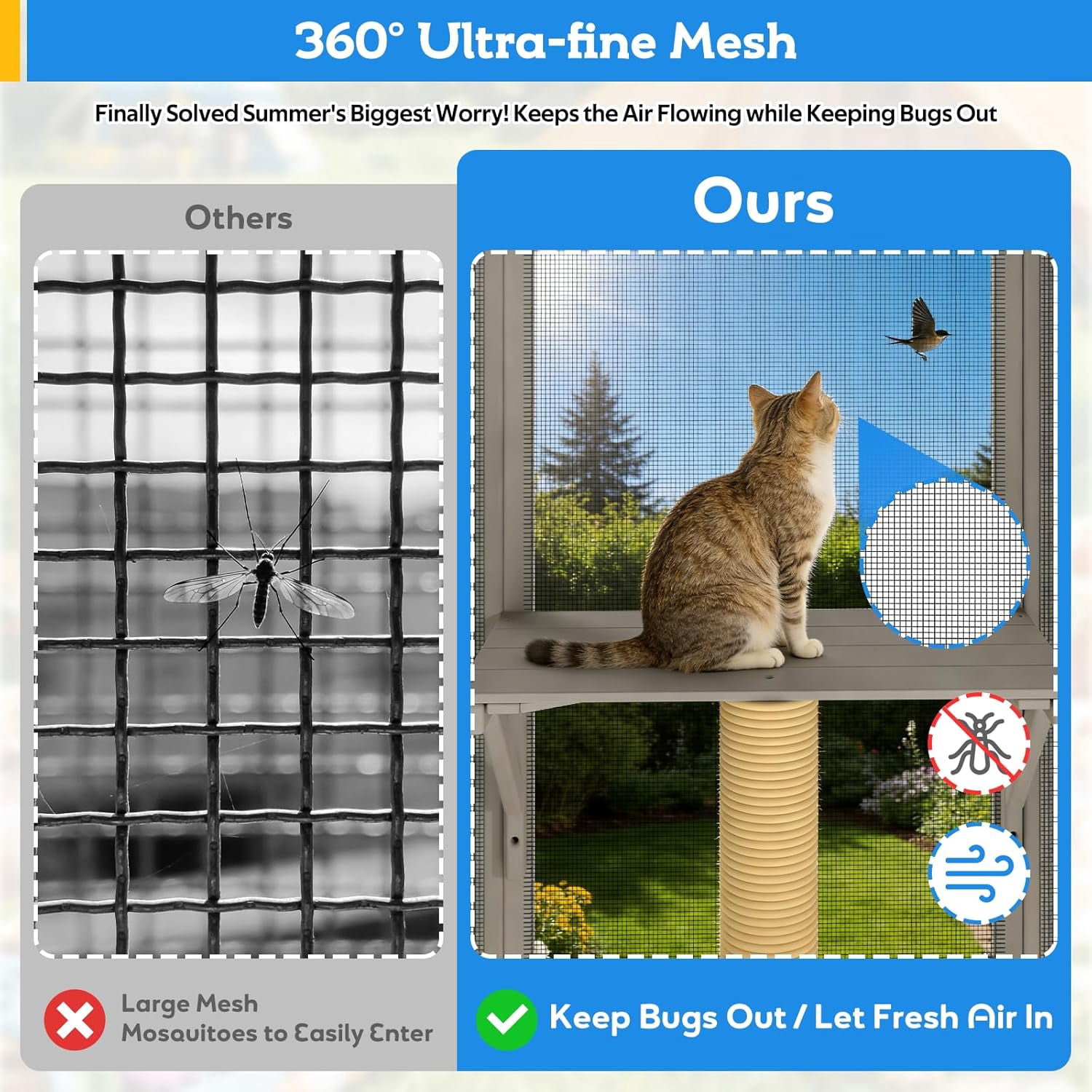 99.5" Extra-Tall Outdoor Cat Enclosure, Window-Attached Catio with 8 Platforms & Bug-Proof Mesh, Large Wooden Cat House, Grey