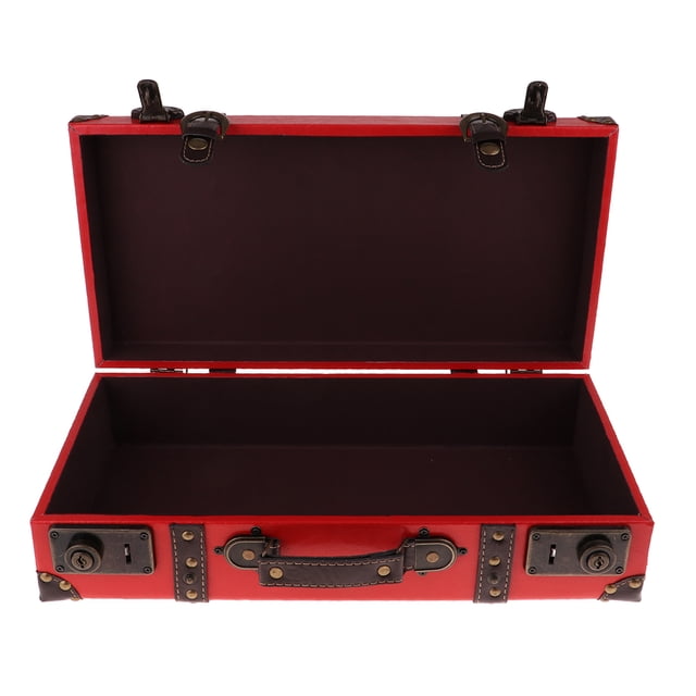 Langgg Valise Rétro en Cuir et Bois Décoration Maison Rouge 44x23x12cm
