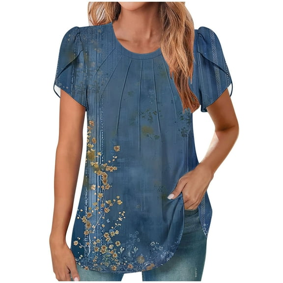 HAPIMO Women' Plus Size Casual Loose Flower Print Tops Summer Tops for Women Elegant Pleated Blouses Round Neck Tees Flowy Fashion Clothes Dressy Tunic Multicolor S