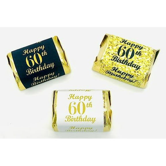 60th Birthday Nuggets Labels, Chocolate Candy Wrapper, (Set of 90) Candy Stickers; 3 Designs: 30 Gold, 30 Black, 30 White, Candy Not Included