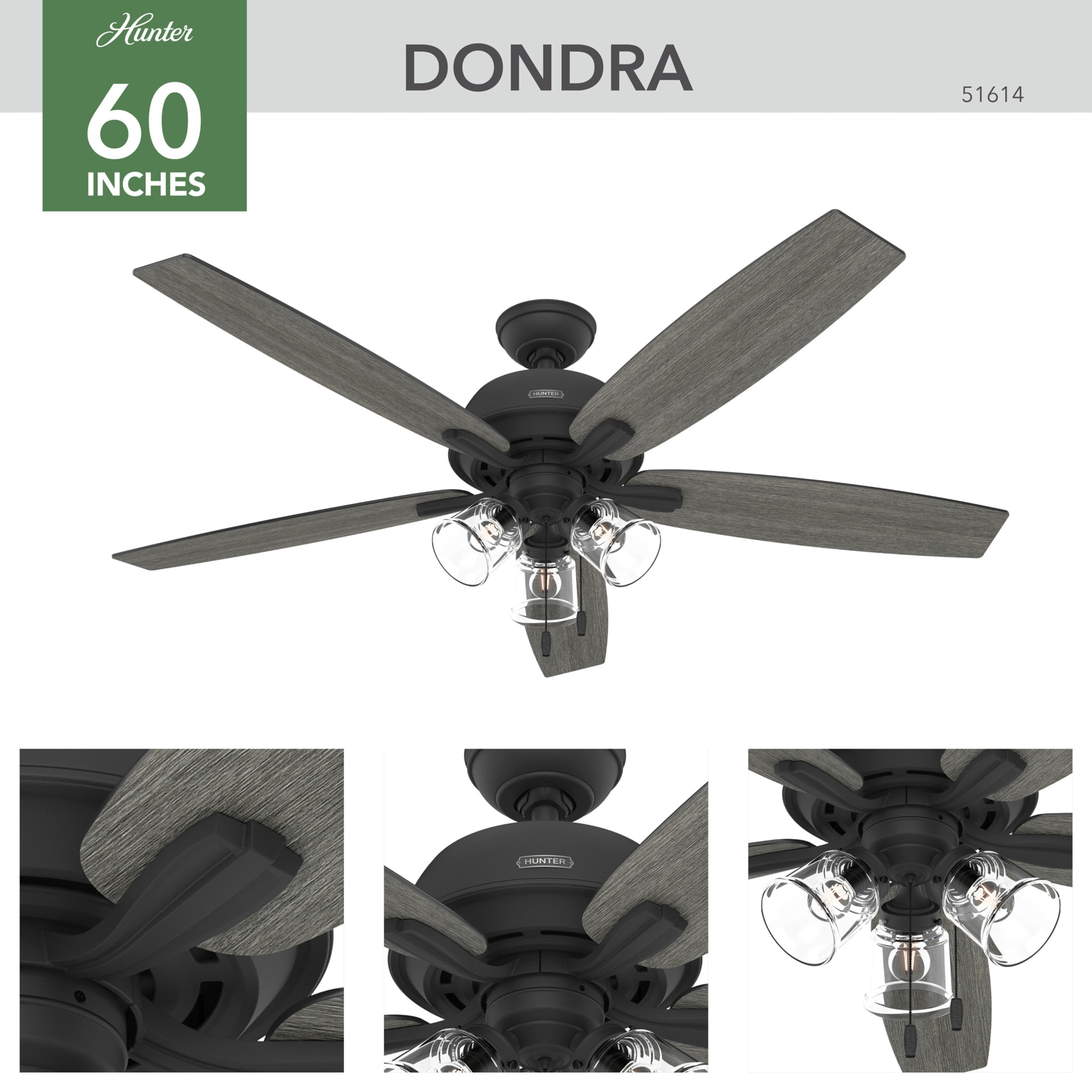 Hunter 60 inch Indoor Ceiling Fan with LED Lights - Black Ceiling Fan with Pull Chain, For Bedroom or Living Room, Standard Mount, No Remote, 5 Blades, Includes Bulbs - Dondra 51614, Matte Black