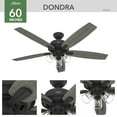 thumbnail image 6 of Hunter 60 inch Indoor Ceiling Fan with LED Lights - Black Ceiling Fan with Pull Chain, For Bedroom or Living Room, Standard Mount, No Remote, 5 Blades, Includes Bulbs - Dondra 51614, Matte Black, 6 of 13
