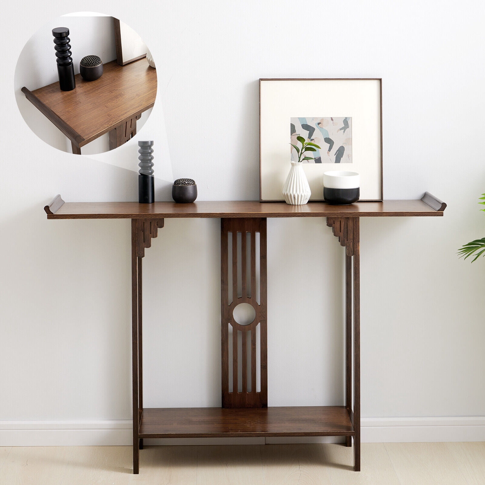 Vintage 40" Console Table, 2-Tier Bamboo Sofa Table, Entry Storage Sofa End Table Entryway Table Hallway Table 100LBS Load-Bearing for Entryway Living Room (Black Brown)