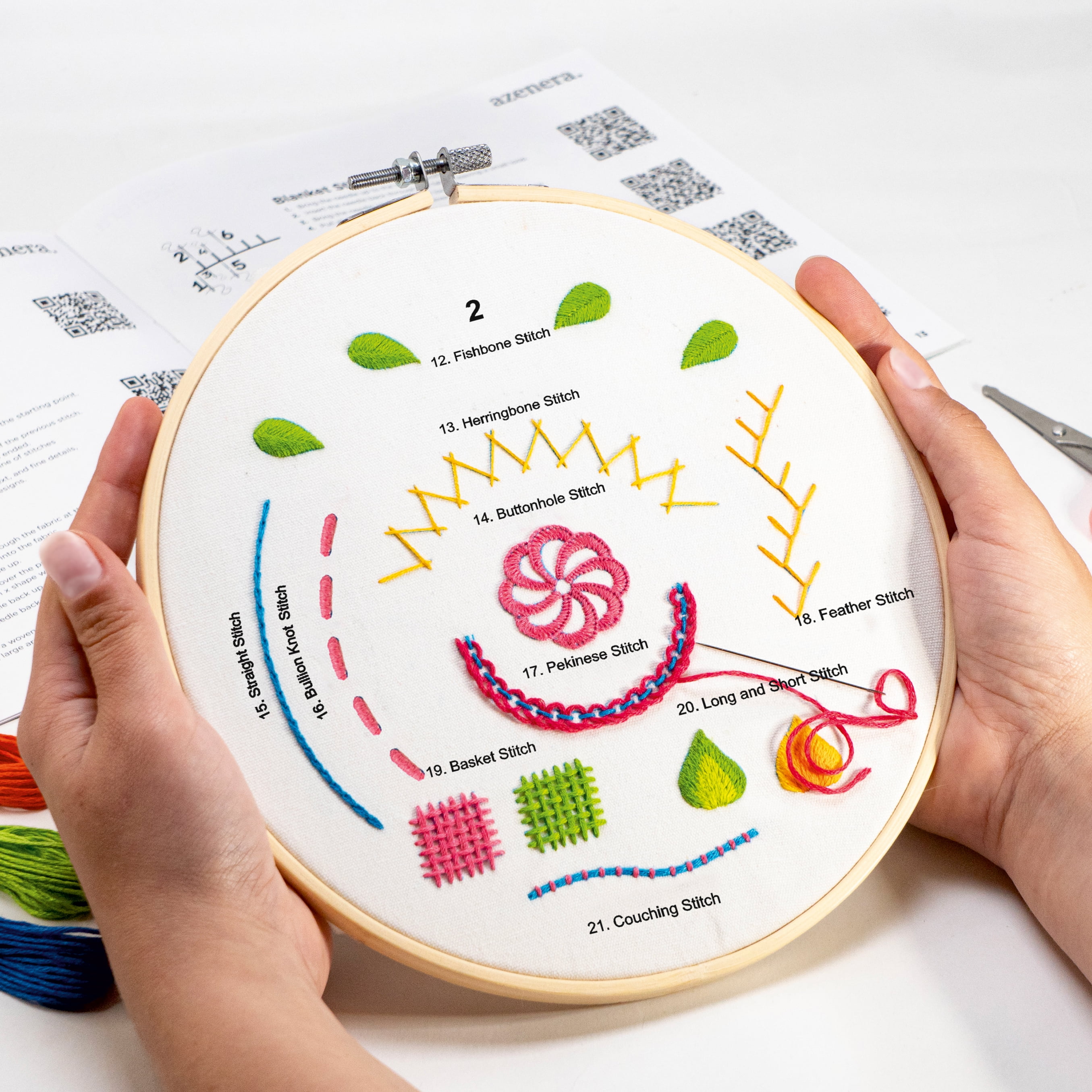 aZenera Embroidery Kit for Beginners - Learn 33 Stitches with Video Instructions, Cross Stitch Tutorials, Hoop, 4 Pattern Designs