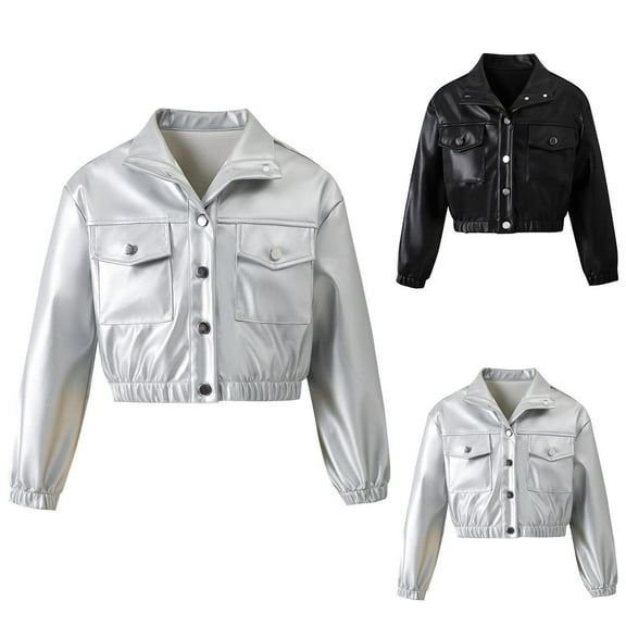 CYRBOKO Girls Leather Jackets, Casual Long Sleeve Turndown Lapel Loose Full Zip Fall Outerwear White Size 12-14 T