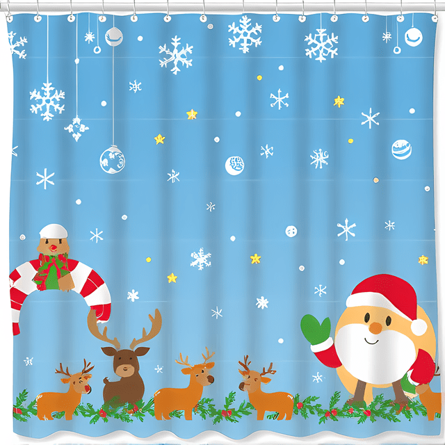Cheerful Christmas Shower Curtain with Santa Reindeer Snowflakes & Ornaments - Festive Holiday Decor