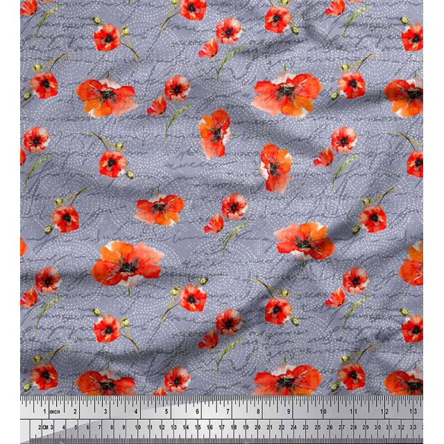 Soimoi Grey Rayon Crepe Fabric Text & Poppy Floral Print Fabric by the Yard 46 Inch Wide