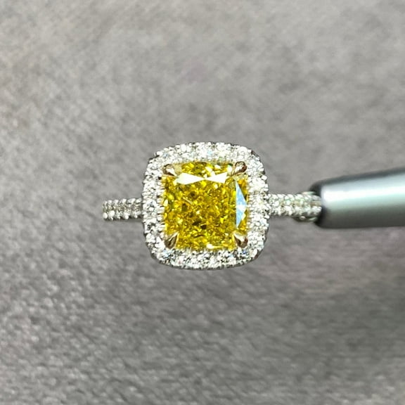 3Ct Cushion Cut Vivid Yellow Lab Created Diamond Ring 14k White Gold Plated