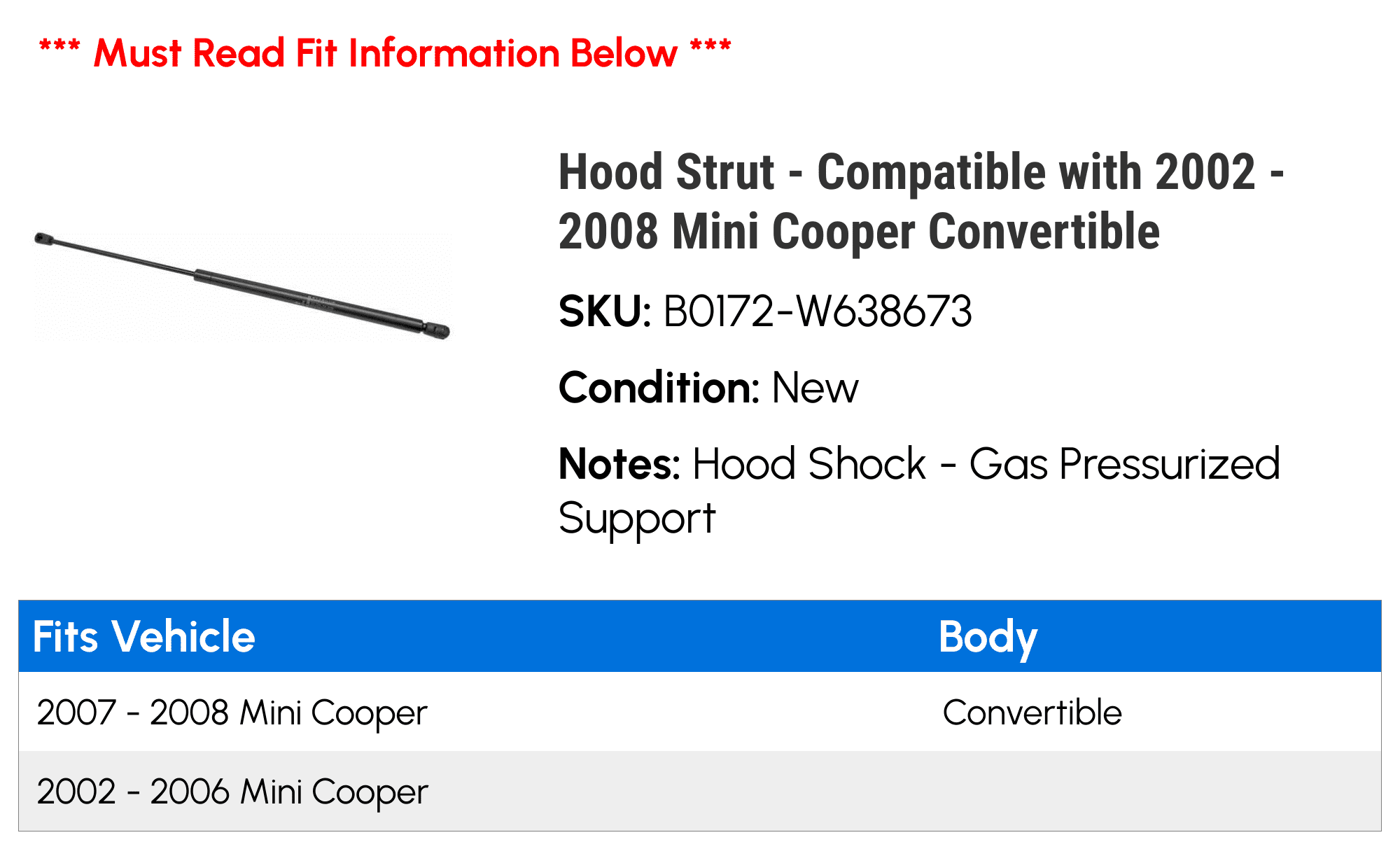 Hood Strut - Compatible with 2002 - 2008 Mini Cooper Convertible 2003 2004 2005 2006 2007