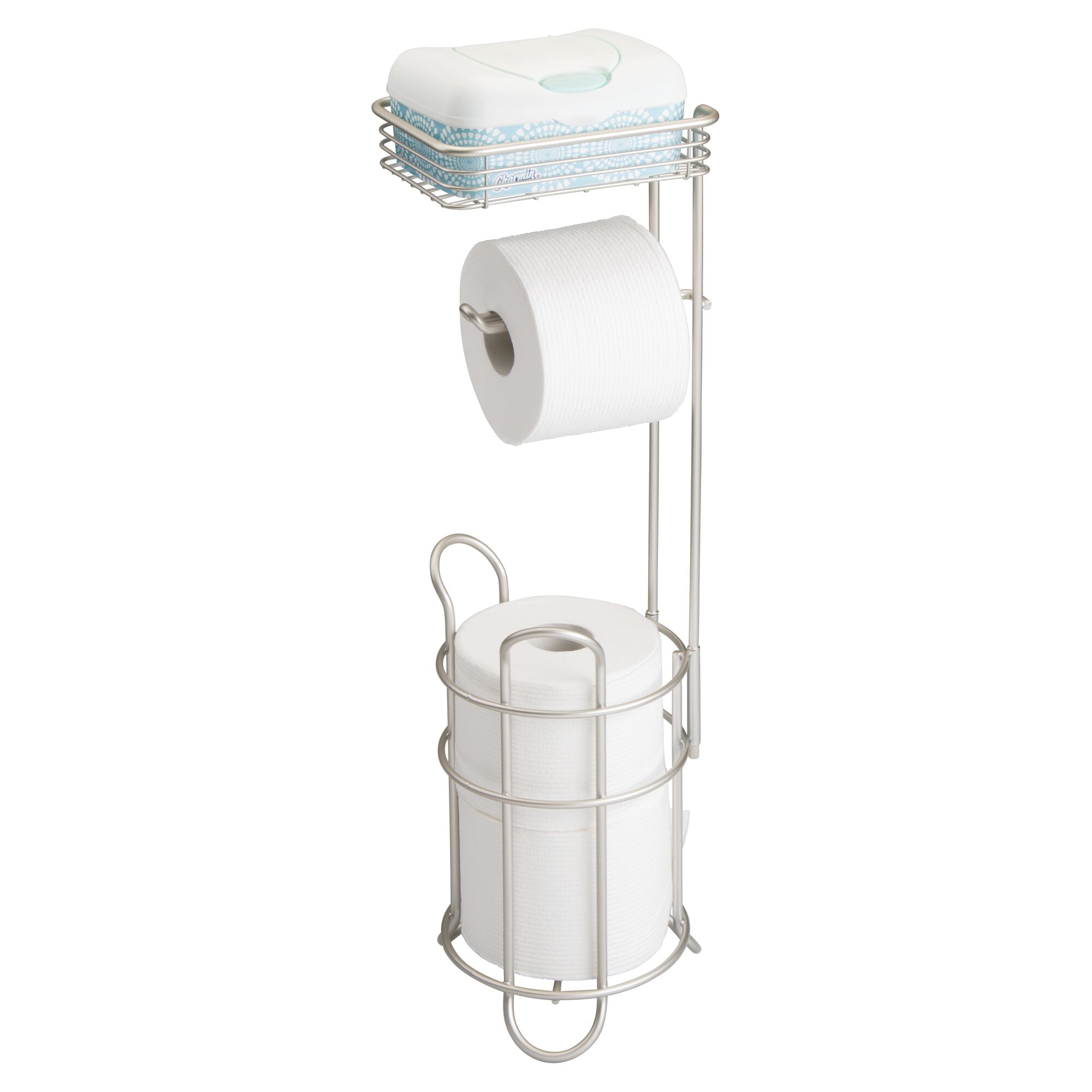 mDesign Steel Free Standing Toilet Paper Holder Stand and Dispenser - Satin
