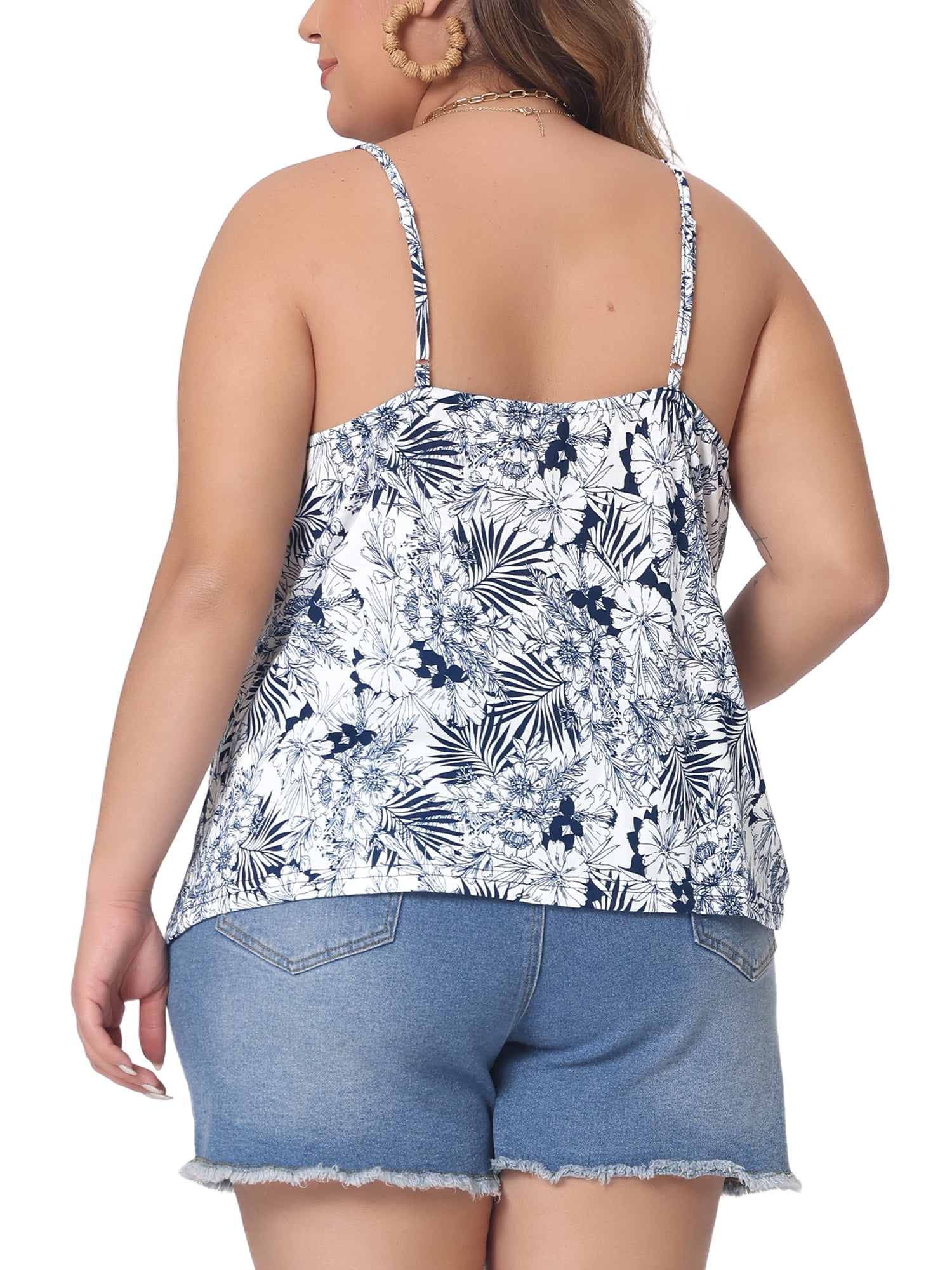 DARING DIVA Women's Plus Boho Floral Loose Spaghetti Strap Cami Top 2X Navy Blue