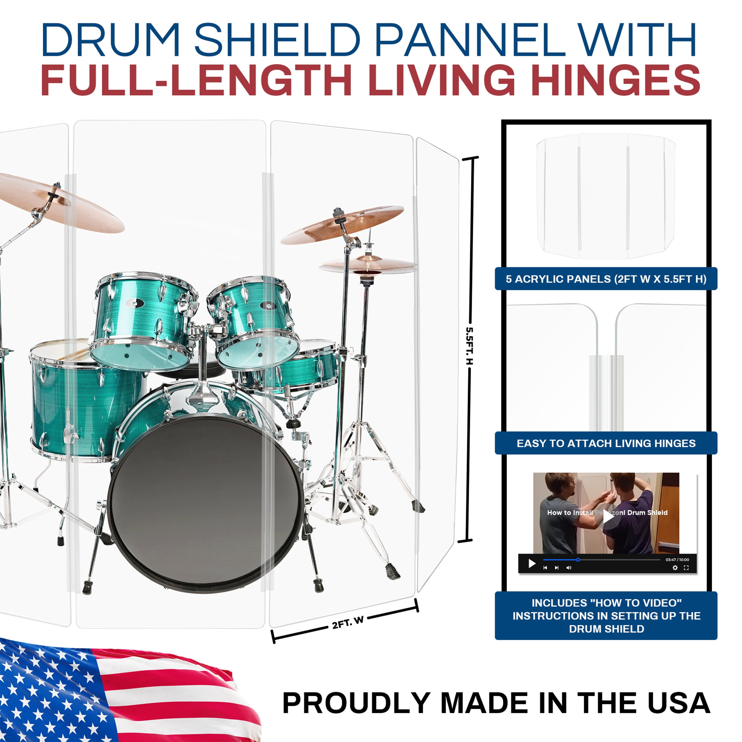 PENNZONI Drum Shield, 5 Panels & Deflectors w/ Plastic Hinges, 5.5 ft Clear Acrylic Panels