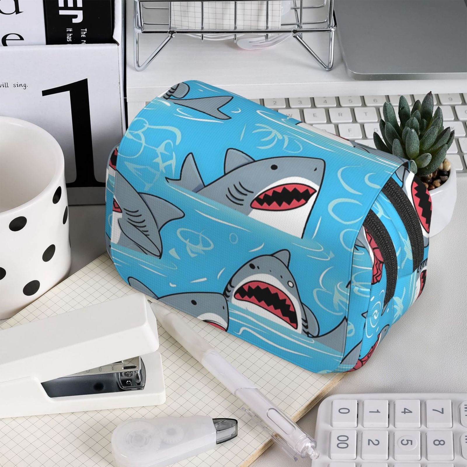Large-Capacity Flip-Top Double-Layer Pencil Case, Multi-Functional Pocket Pen Case, Durable Stationery Organizer Shark (13)