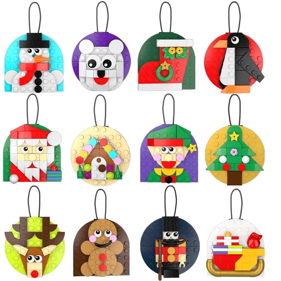 12 Pack Christmas Building Block Ornaments, DIY Xmas Tree Hanging Decor, Kids Stocking Stuffer Toys for Boys & Girls