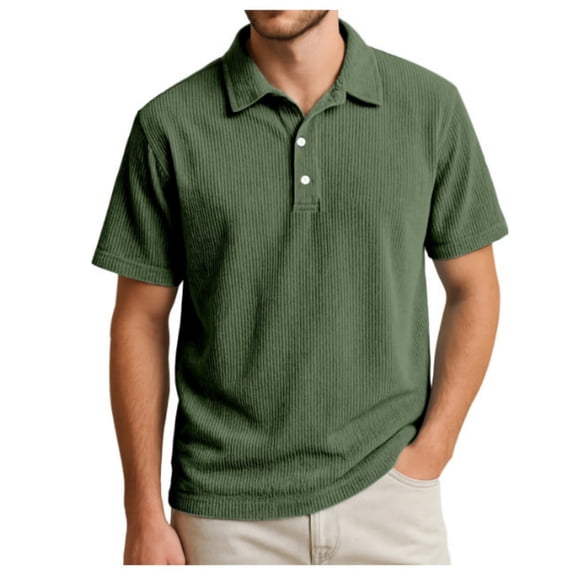 Yifymode Men's Cotton Blend Ribbed Short Sleeve Polo Shirt, Three-Button Placket Classic Casual Fit Top Army Green L