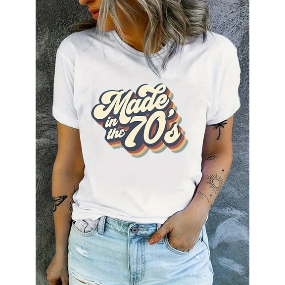 Plus Size Casual T-shirt, Women's Plus Art Letter "70s" Print Round Neck Short Sleeve Medium Stretch T-shirt