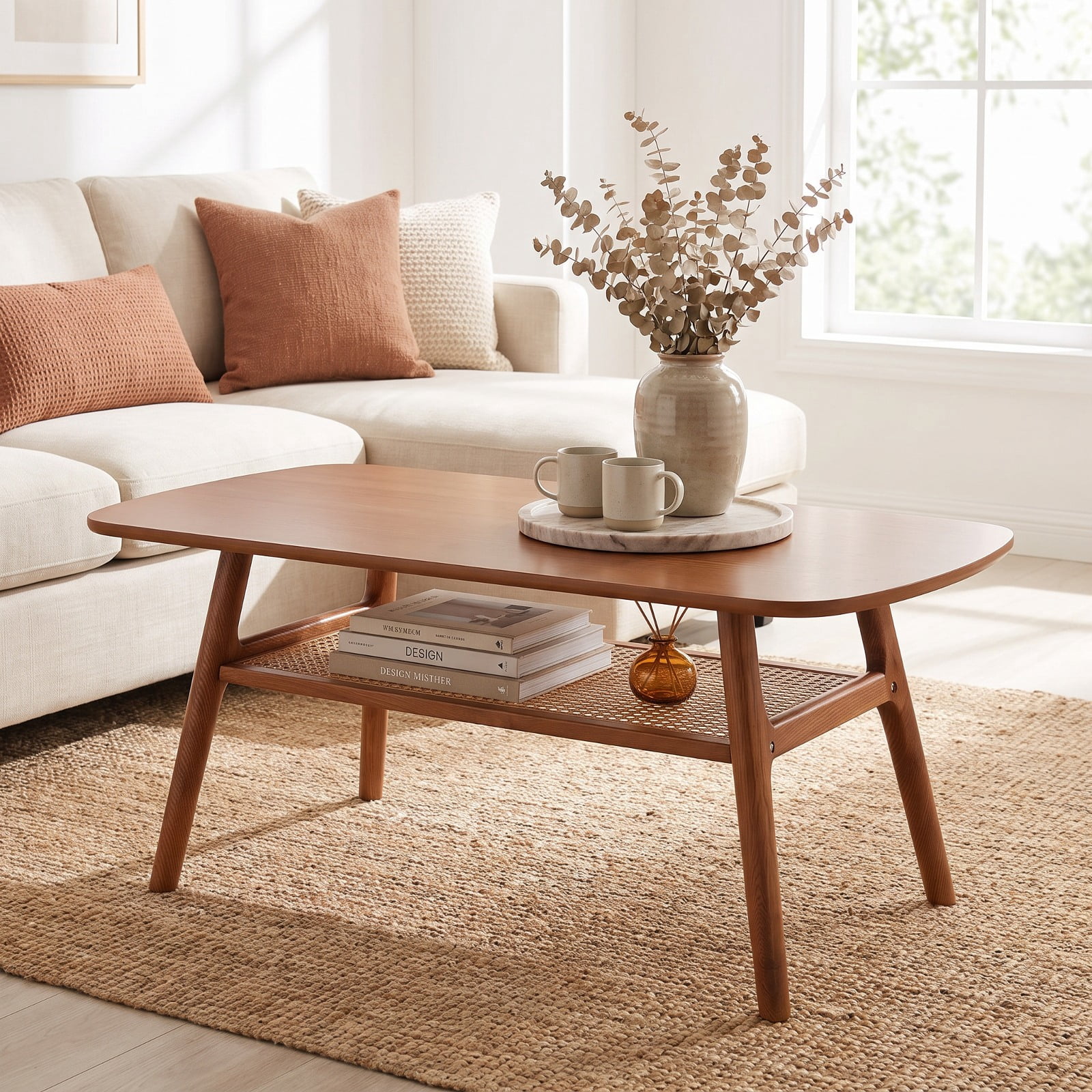Furnibear 2 Tier Boho Rattan Coffee Table with Rounded Corners Rubber Wood Frame and Woven Open Shelf for Living Room, Walnut