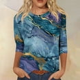 thumbnail image 2 of ZOYXRO Womens Tops 3/4 Sleeve Summer Crew Neck T Shirts Business Casual Elbow Sleeve Marble Print Tops Loose Dressy Casual Clothes Blue XL, 2 of 5