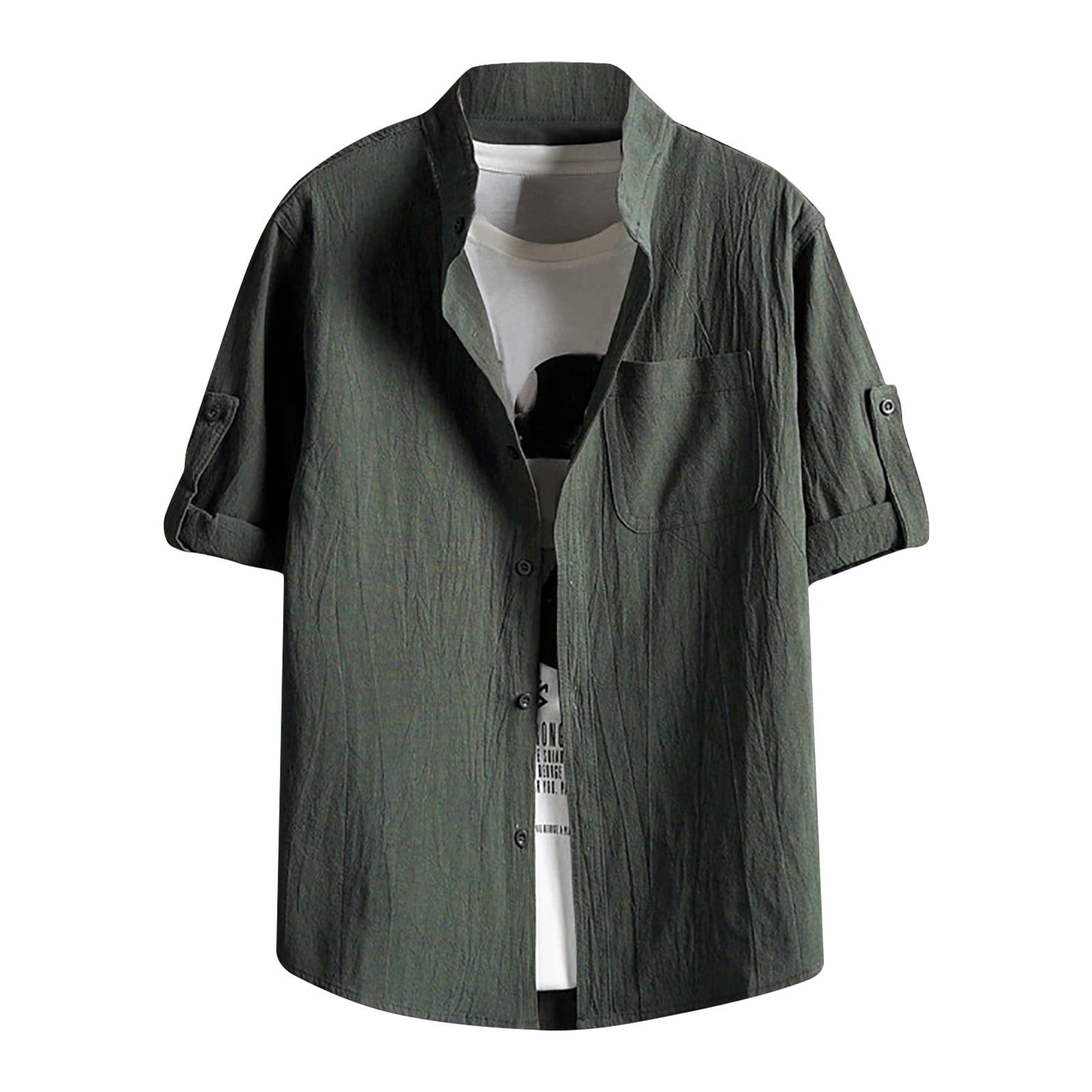 Jsezml Men's Cotton Linen Shirts Roll-Up Short Sleeve Casual Solid Button  Down Summer Beach Shirt Tops with Pocket 