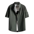 thumbnail image 3 of Yufatyle Men Short Sleeve Cotton Linen Turndown collar Casual Summer Blouse Army Green XXL, 3 of 4