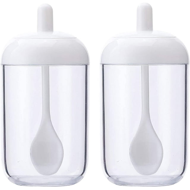 Paquete de 2 tarros de especias, especiero transparente blanco, caja de especias con tapa de cuchara, tarros de especias de plástico, coctelera de especias para almacenar especias/hierbas