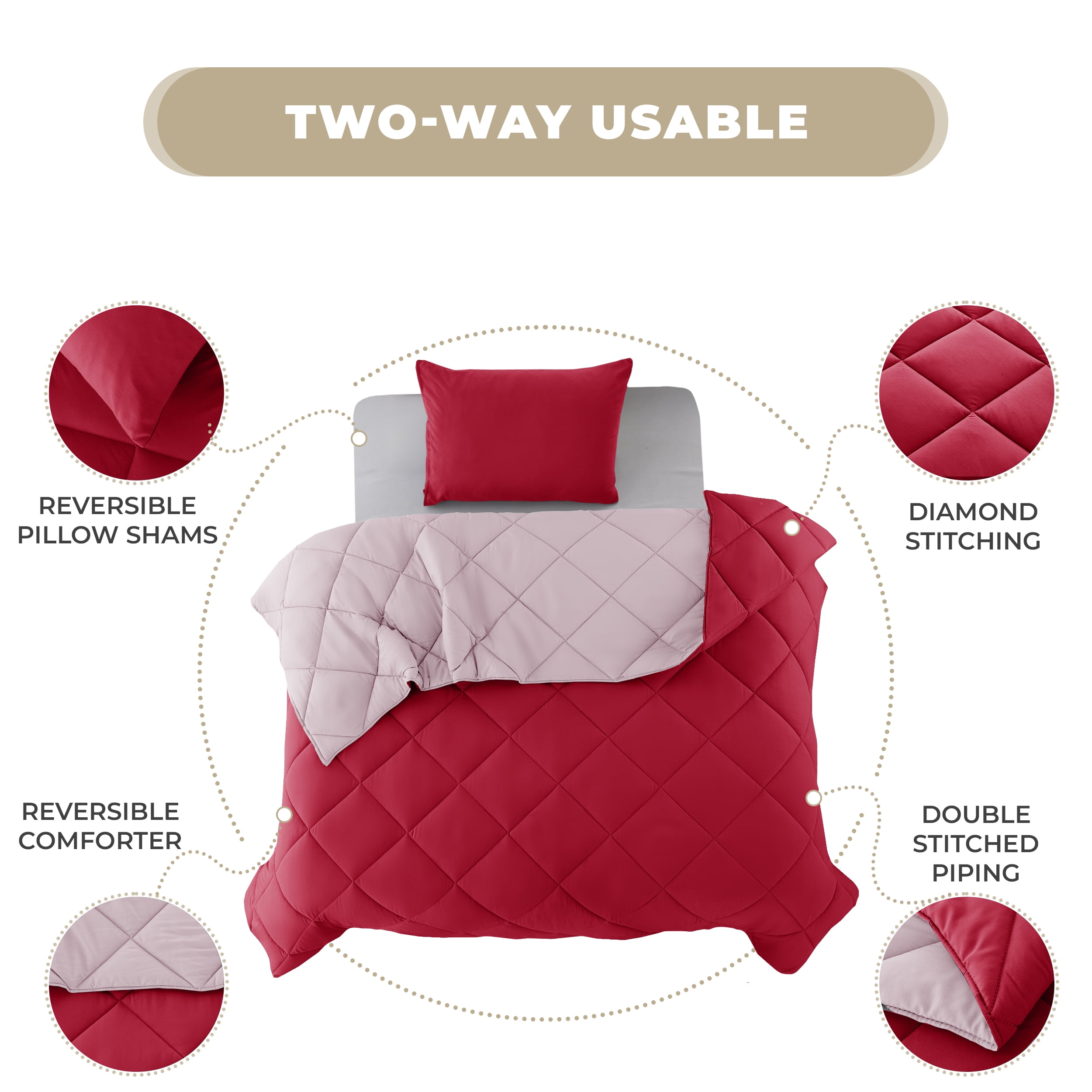 Lux Decor All-Season Comforter Sets Twin 2 PC, Reversible Bedding Set with Diamond Quilted Design Comforter and 1 Pillow Sham, Lightweight & Cozy Set de Cama Burgundy/Pink